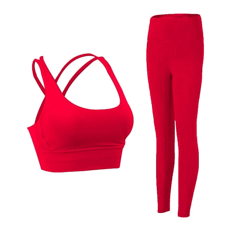 Women's 2-Piece Yoga Set — Sports Bra & Leggings with Pockets — China Red / Pitaya