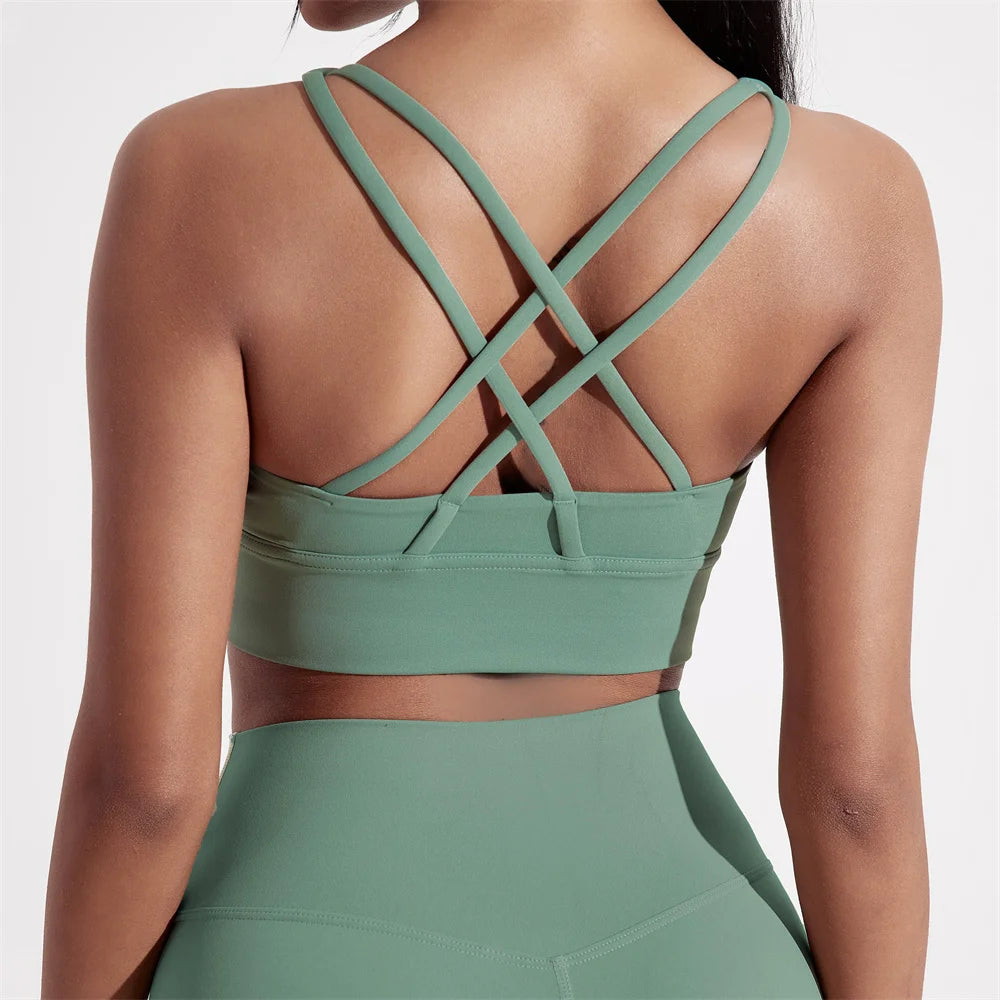 Women's Cross-Back Sports Bra — High-Support Fitness Top with Chest Pad