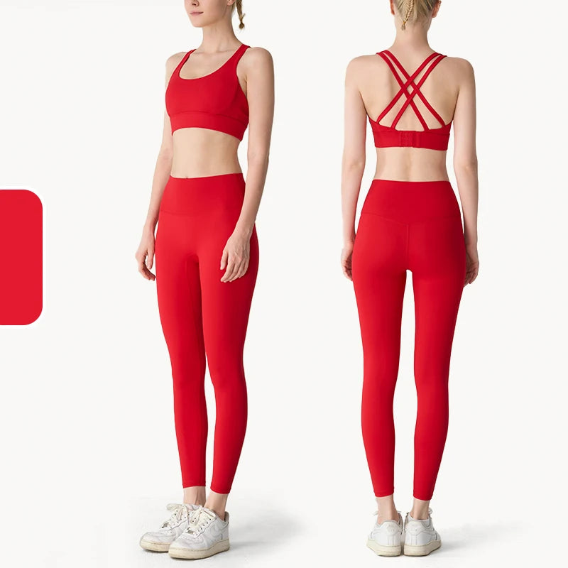 Women's 2-Piece Yoga Set — Sports Bra & Leggings with Pockets — China Red / Pitaya
