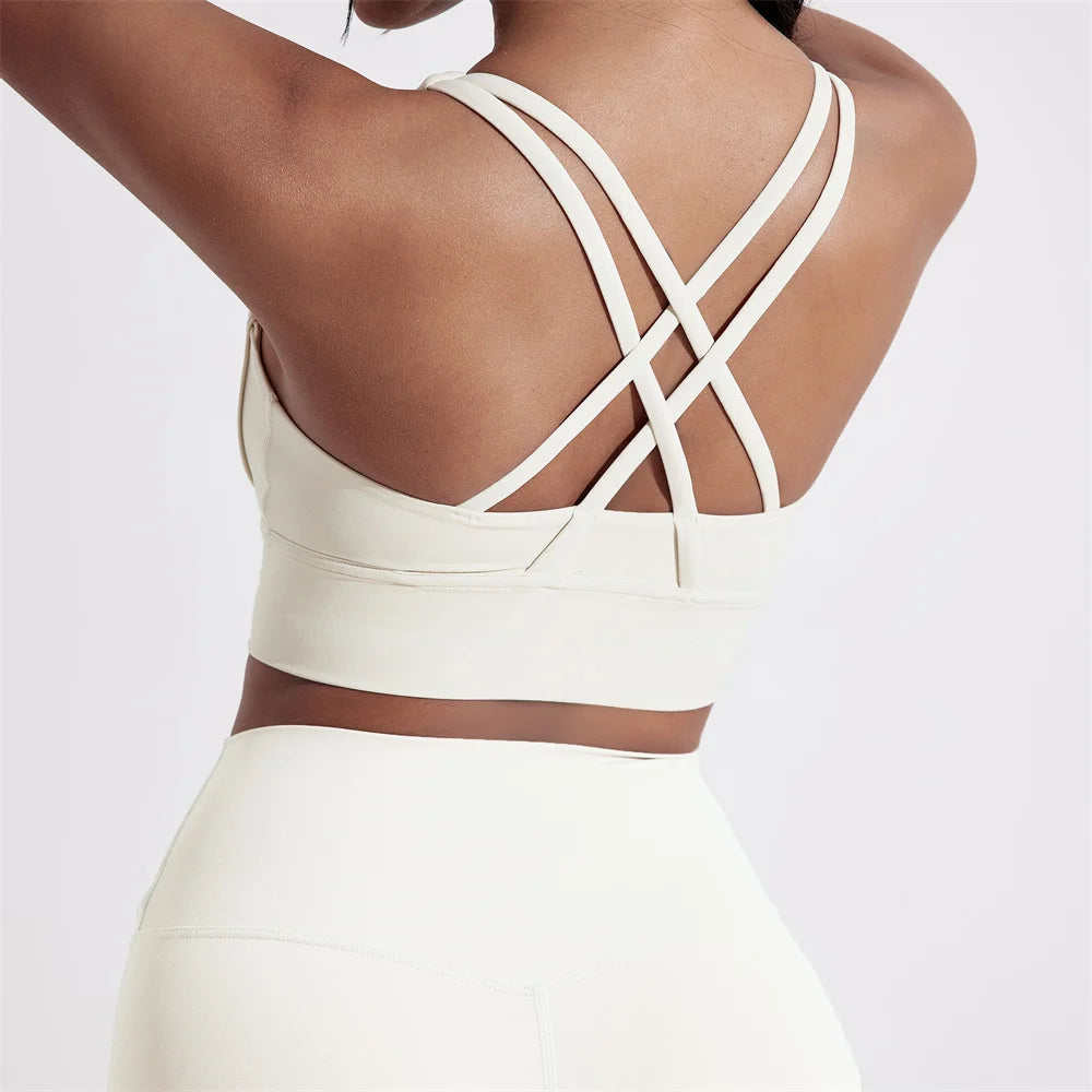 Women's Cross-Back Sports Bra — High-Support Fitness Top with Chest Pad