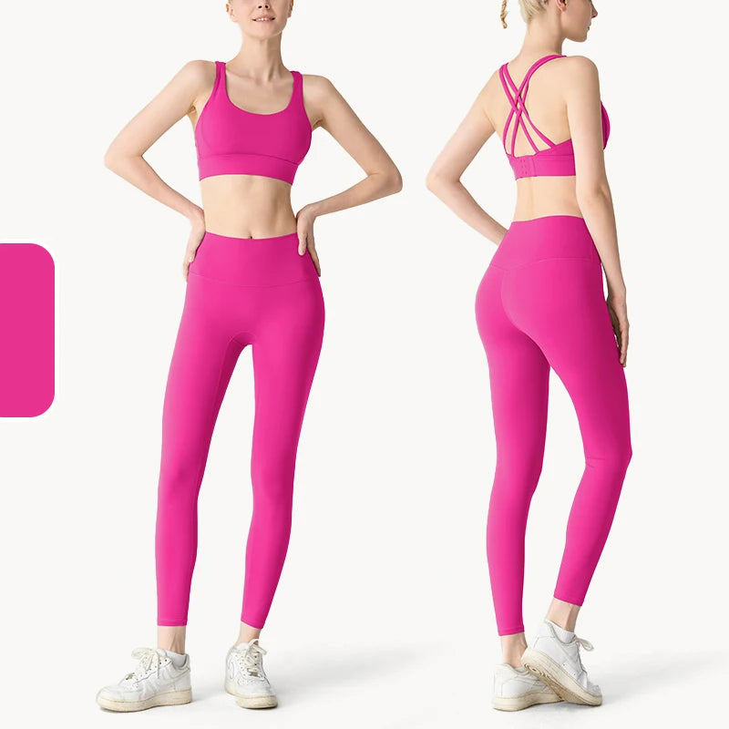 Women's 2-Piece Yoga Set — Sports Bra & Leggings with Pockets — China Red / Pitaya