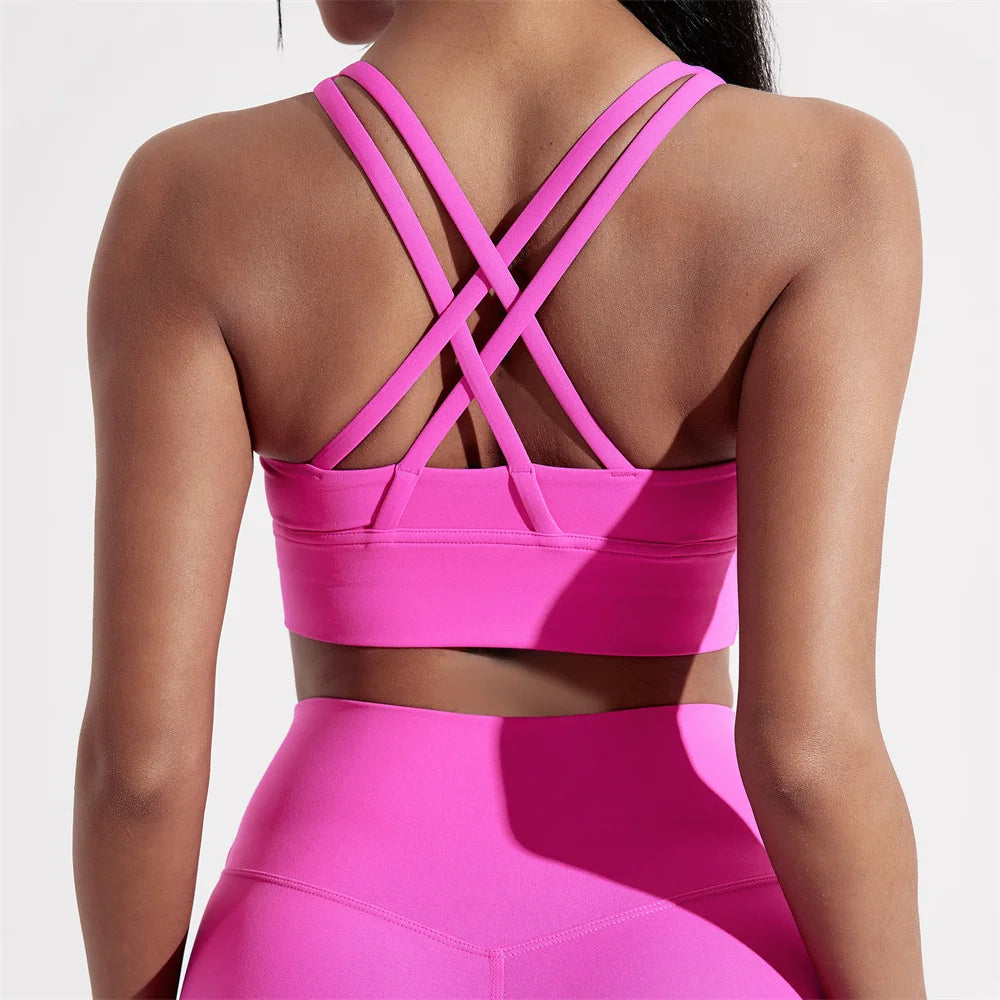Women's Cross-Back Sports Bra — High-Support Fitness Top with Chest Pad