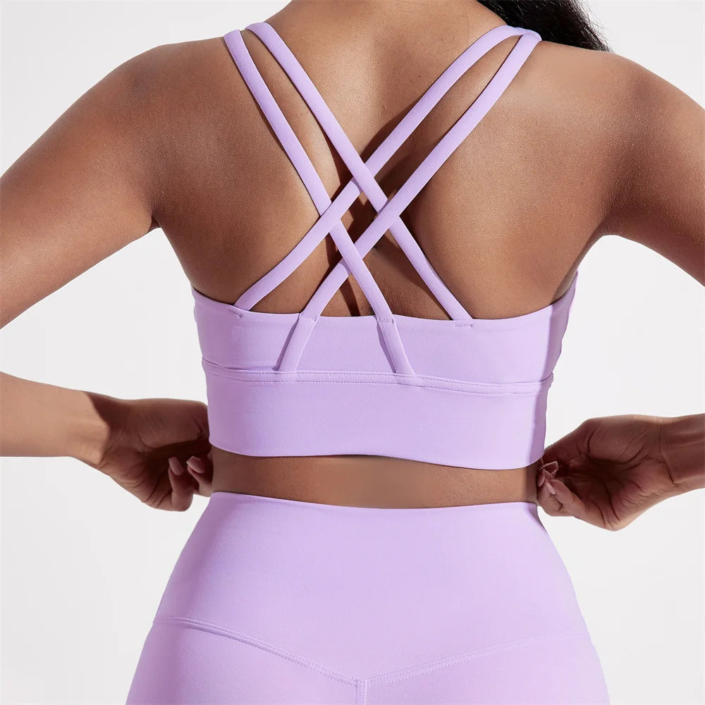 Women's Cross-Back Sports Bra — High-Support Fitness Top with Chest Pad