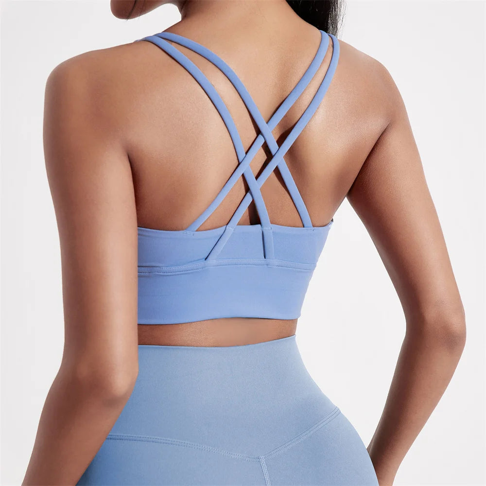 Women's Cross-Back Sports Bra — High-Support Fitness Top with Chest Pad
