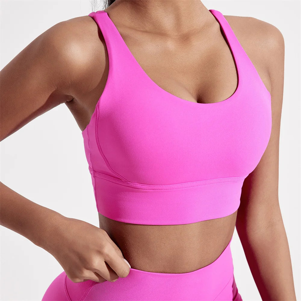 Women's Cross-Back Sports Bra — High-Support Fitness Top with Chest Pad