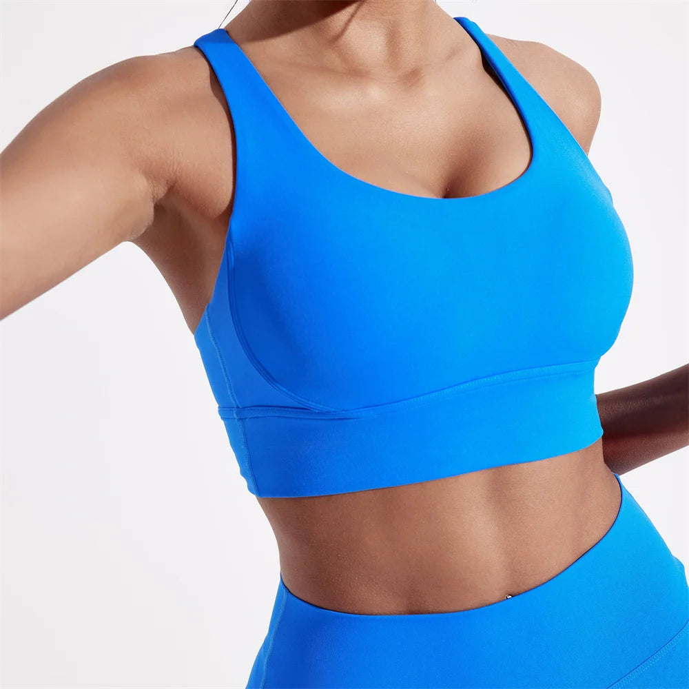 Women's Cross-Back Sports Bra — High-Support Fitness Top with Chest Pad